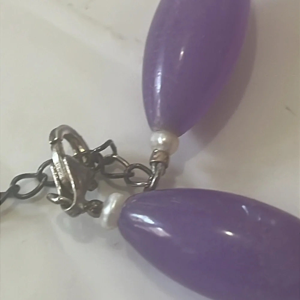 LAVENDER JADE PURPLE GEMSTONE‎ STERLING SILVER SIGNED GSJ NECKLACE & EARRING SET